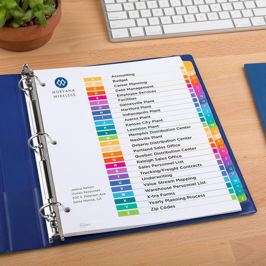 Avery EcoFriendly Recycled A-Z Dividers for 3 Ring Binders, 26 Tabs per Set, Customizable Table of Contents, Multicolor Tabs, Great for Organizing Reports, Projects, and More (11085)