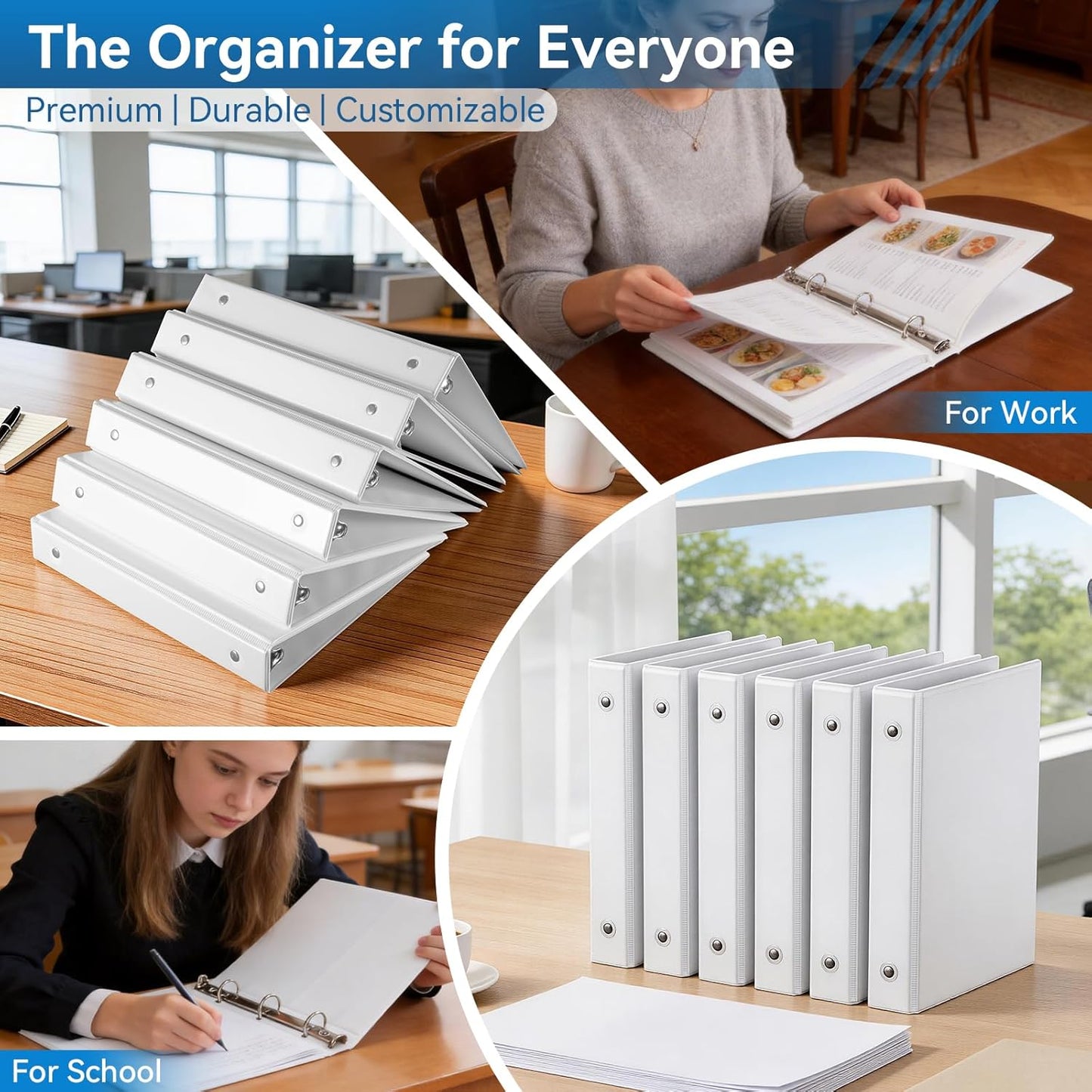 SUIN Mini 3 Ring Binder A5 Size 5.5"x8.5", 1" Round Ring 200 Sheet Capacity, Bulk 6 Pack White Binders for School Office