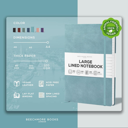 BEECHMORE BOOKS Large Lined Journal Notebook, 8.5" x 11.5" (A4) Hardcover Vegan Leather Executive Diary for Work, Thick 120gsm Paper, Lay-Flat Binding, Gift Box