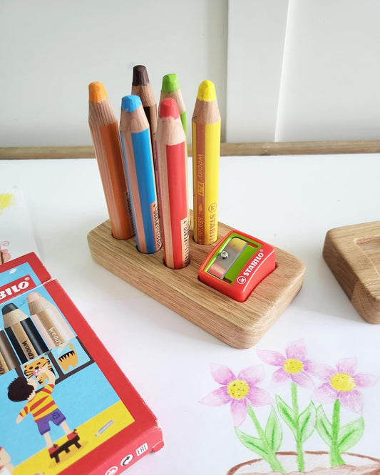 Wooden pencil holder for 10 Stabilo woody 3 in 1 pencils with place for sharpener desk organizer classroom art supplies homeschool Waldorf child gift kids