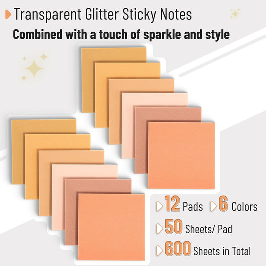 Mr. Pen- Transparent Glitter Sticky Notes, 3”x3”, 12 Pads, 600 Sheets, Colorful, Plastic Glitter Sticky Notes Bulk, Self-Stick Note Pads for Women, Office, School, Home, Study & Organization