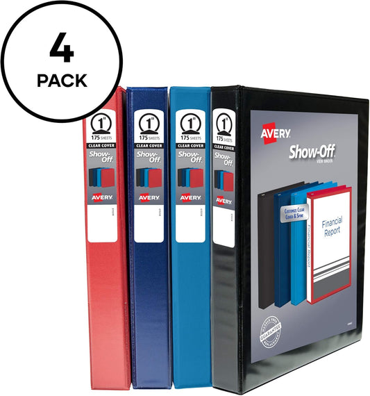 Avery Show-Off Standard View 3 Ring Binder, 1" Round Rings, 175-Sheet Capacity, 1.4 Inch Wide Spine, Color Will Vary (Black, Light Blue, Navy Blue, or Red), Ideal for Light Organization (12789)