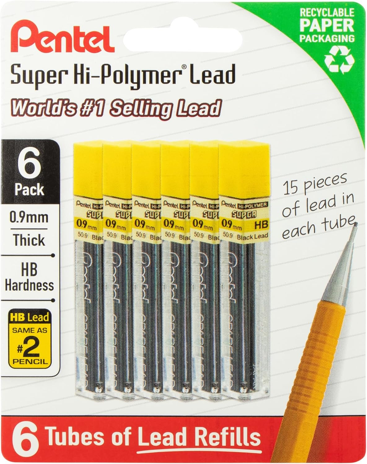 Pentel Super Hi-Polymer Lead Refills, 0.9 mm, HB, 90 Pieces (15 pcs per tube, 6 tubes)