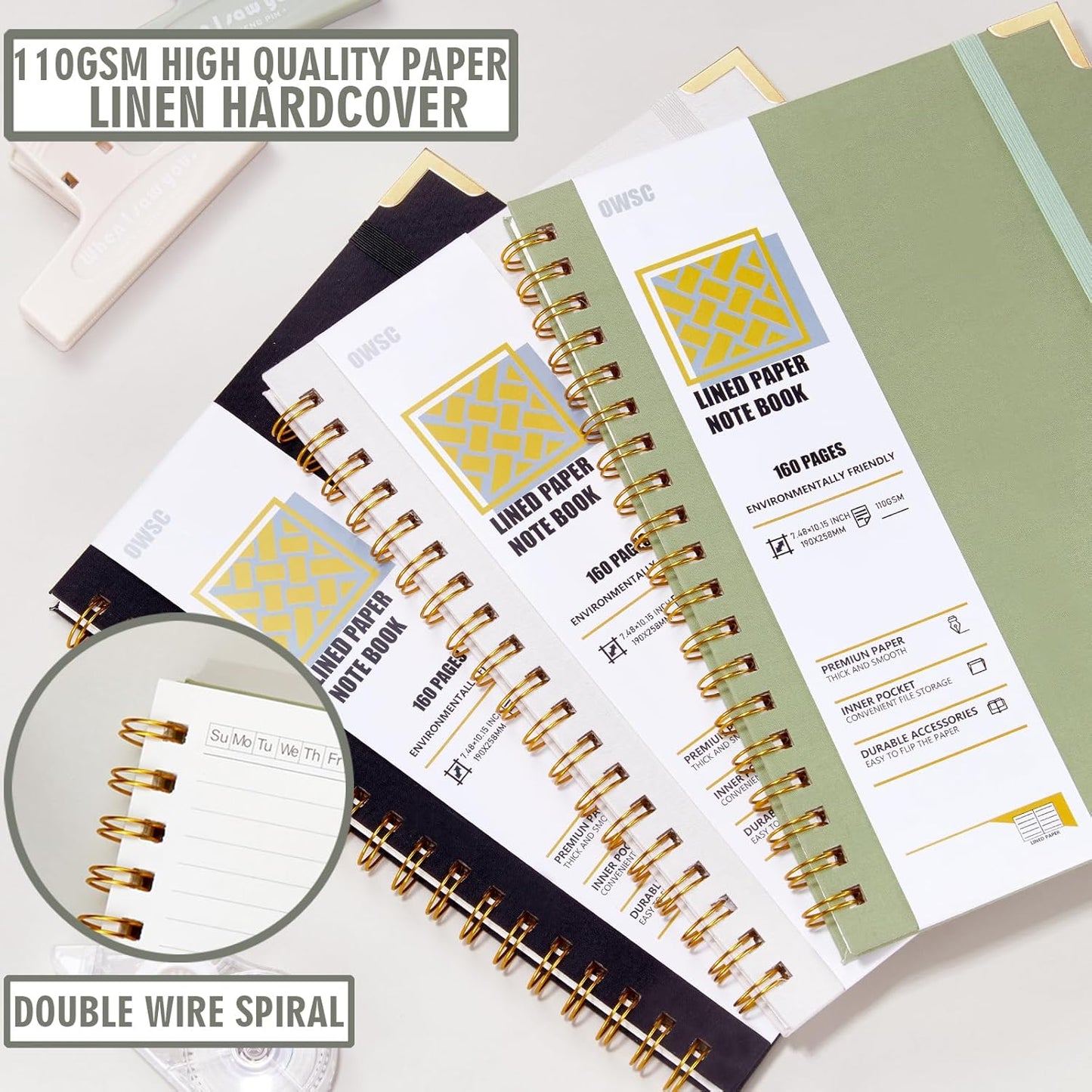 OWSC Lined Spiral Notebook with thick 110 GSM Papers, 320 Pages B5 Size College Ruled Notebook, Hardcover 7.1 x 10 Inches Journal for Women and Men, Notebooks for work, School (2 Pack B5 Grey Green)
