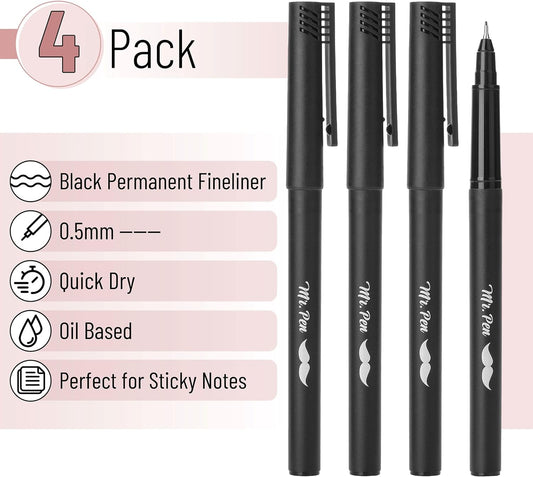 Mr. Pen- Black Fineliner Pens, 4 Pack, 0.5mm Fine Point, Permanent Ink, Oil-Based, Quick Dry, Smooth Writing, Bold Lines, Fineliner Marker Pens for Transparent Sticky Notes, Planner, Journaling