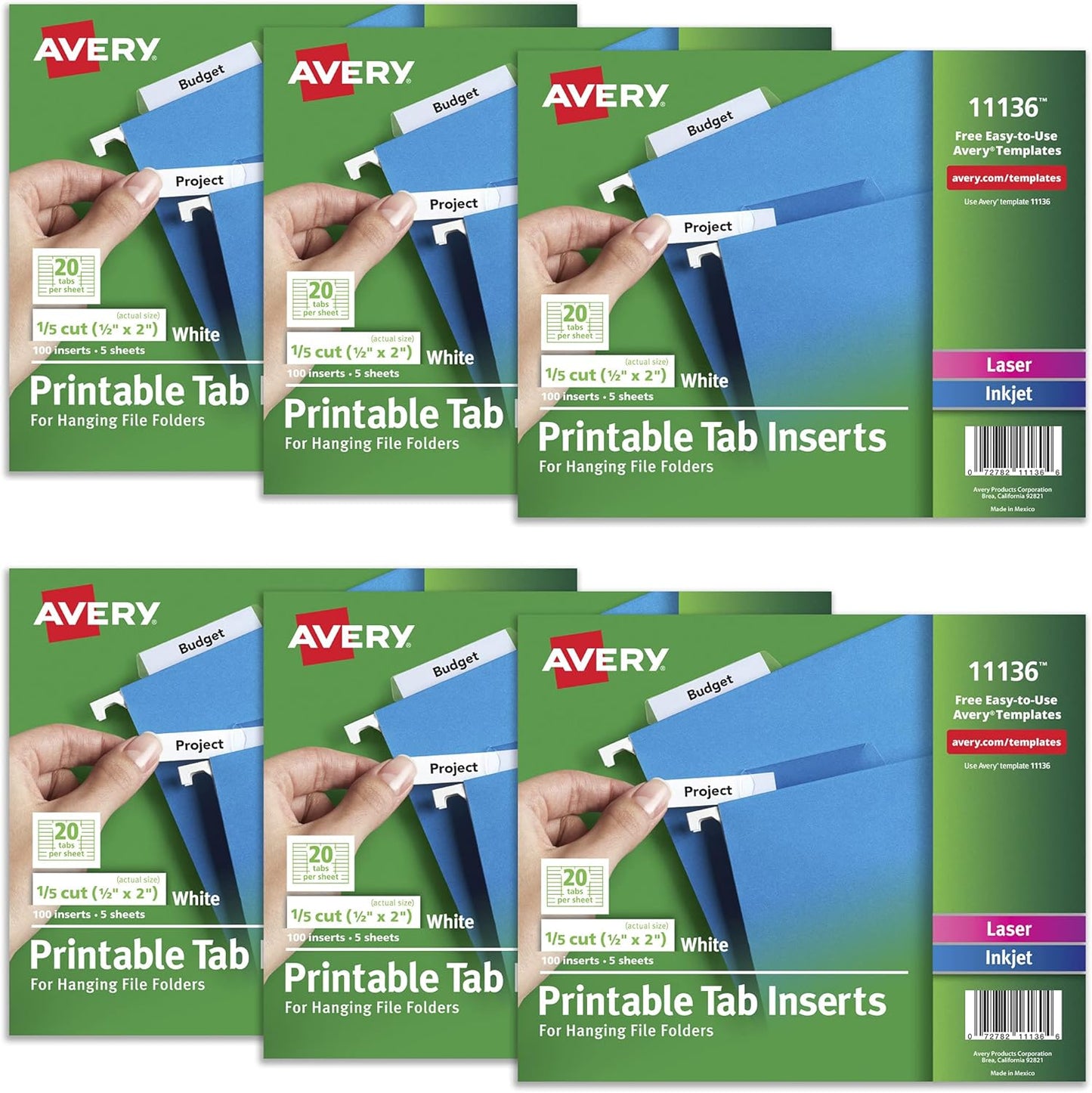 Avery Printable Tab Inserts for Hanging File Folders, 1/2" x 2", 1/5 Cut, White, 100 Index Tab Inserts (11136)