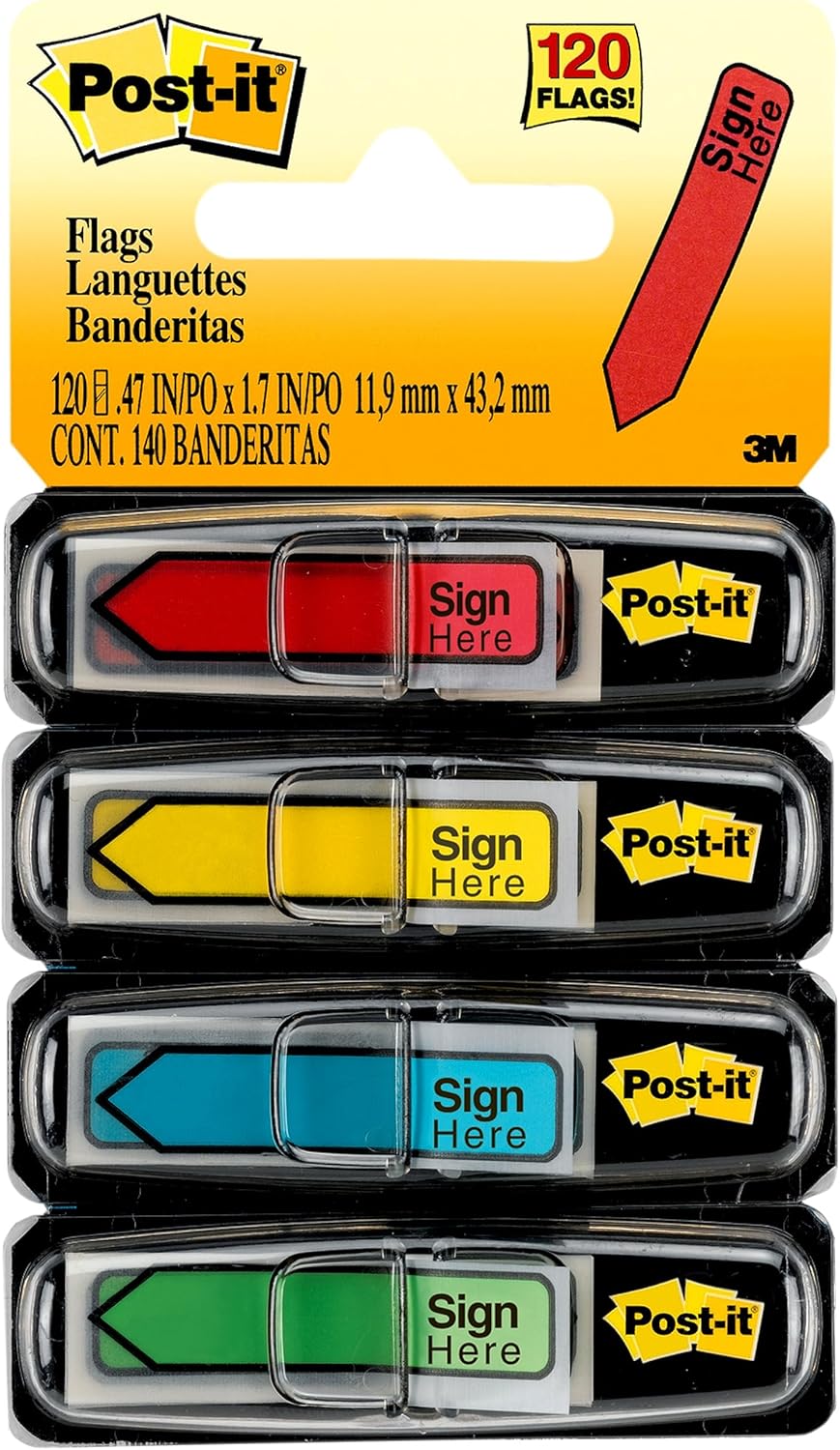 Post-it Message Sign Here Flags, 30/Dispenser, 4 Dispensers/Pack, .47 in Wide, Assorted Colors (684-SH)