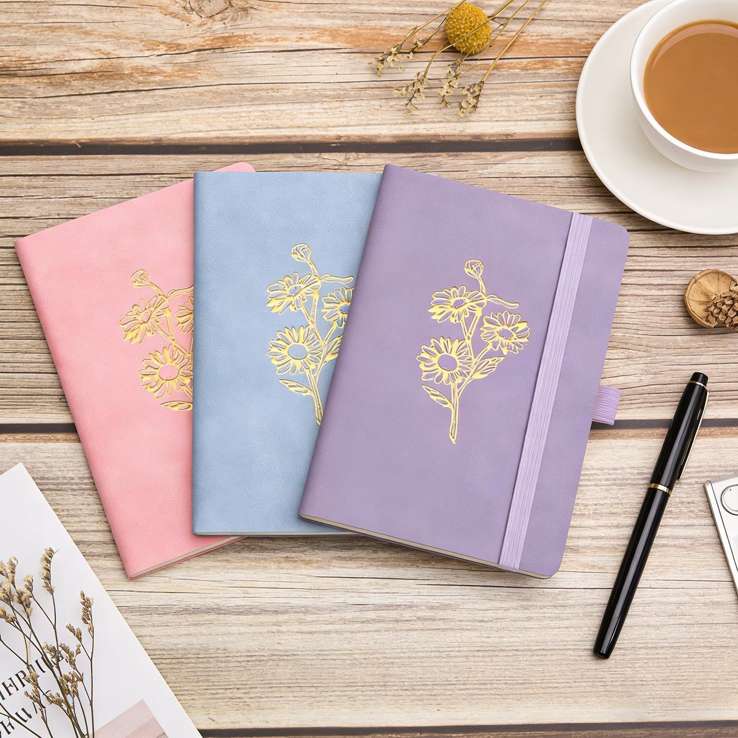 BOBO RABBIT 3 Pack Pocket Notebook Journals Mini A6 Sunflower Floral Notepads Total 600 Pages Aesthetic Hardcover College Ruled Lined Notebooks for Note Taking Travel Office School Supplies, 3.7"x 5.7"