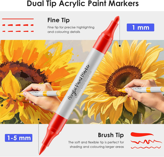 WELLOKB 80 Colors Dual Tip Acrylic Paint Markers, Fabric Markers, Brush Tip Permanent Acrylic Paint Pens for Wood, Glass, Rocks, Paper, Coloring book,Ceramic,DIY Crafts for Adults (120, Brush&Fine)