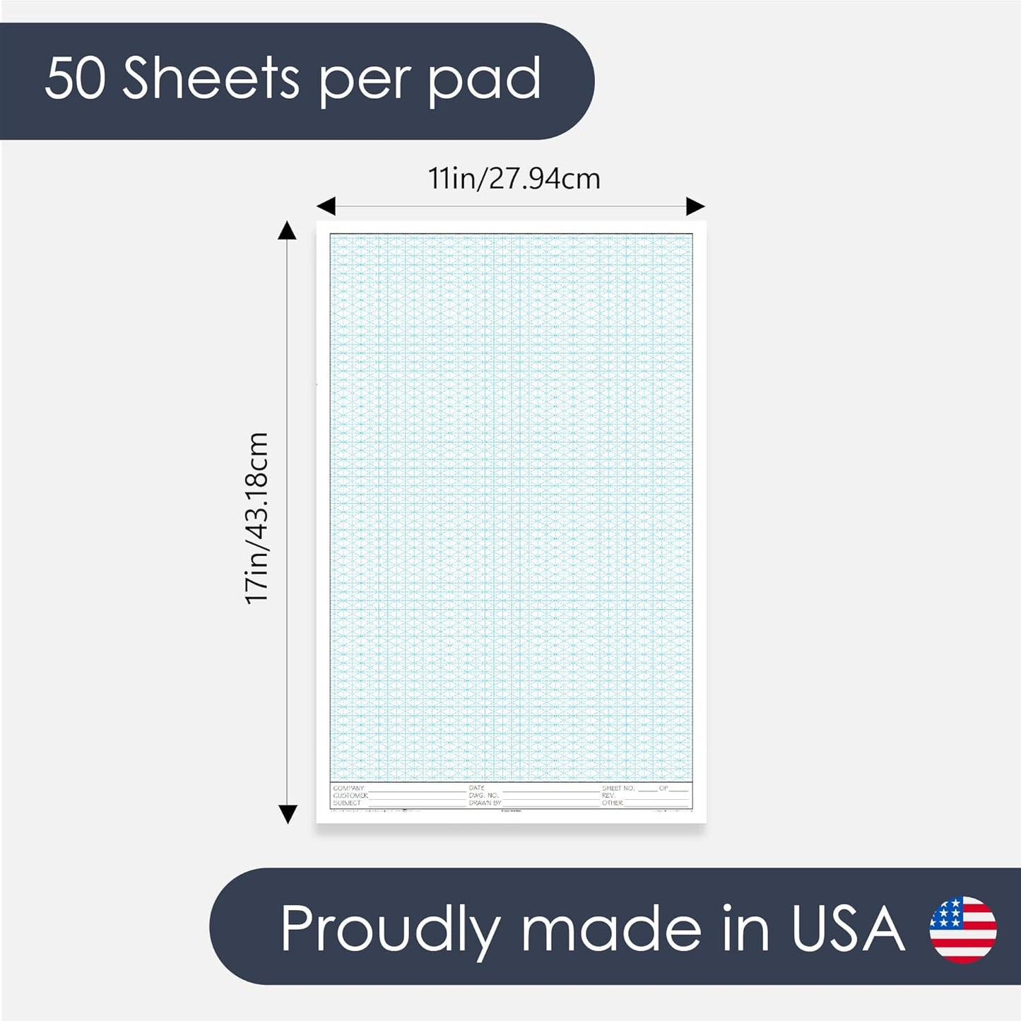 GeekNavy 8.5" x 11" Isometric Graph Paper 50 Sheets Portrait - 0.25" Grid, Non-photo Blue, High Brightness, Drafting, Engineering, Art, 3D Design (1-Pack)
