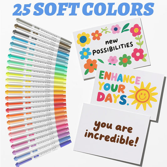 Zmcik Double Ended Highlighters with Soft Chisel Tip, 25-Pack Quick Dry Assorted Colors, Pastel Highlighters Set for School/Office Journaling, Bible Assorted Colors