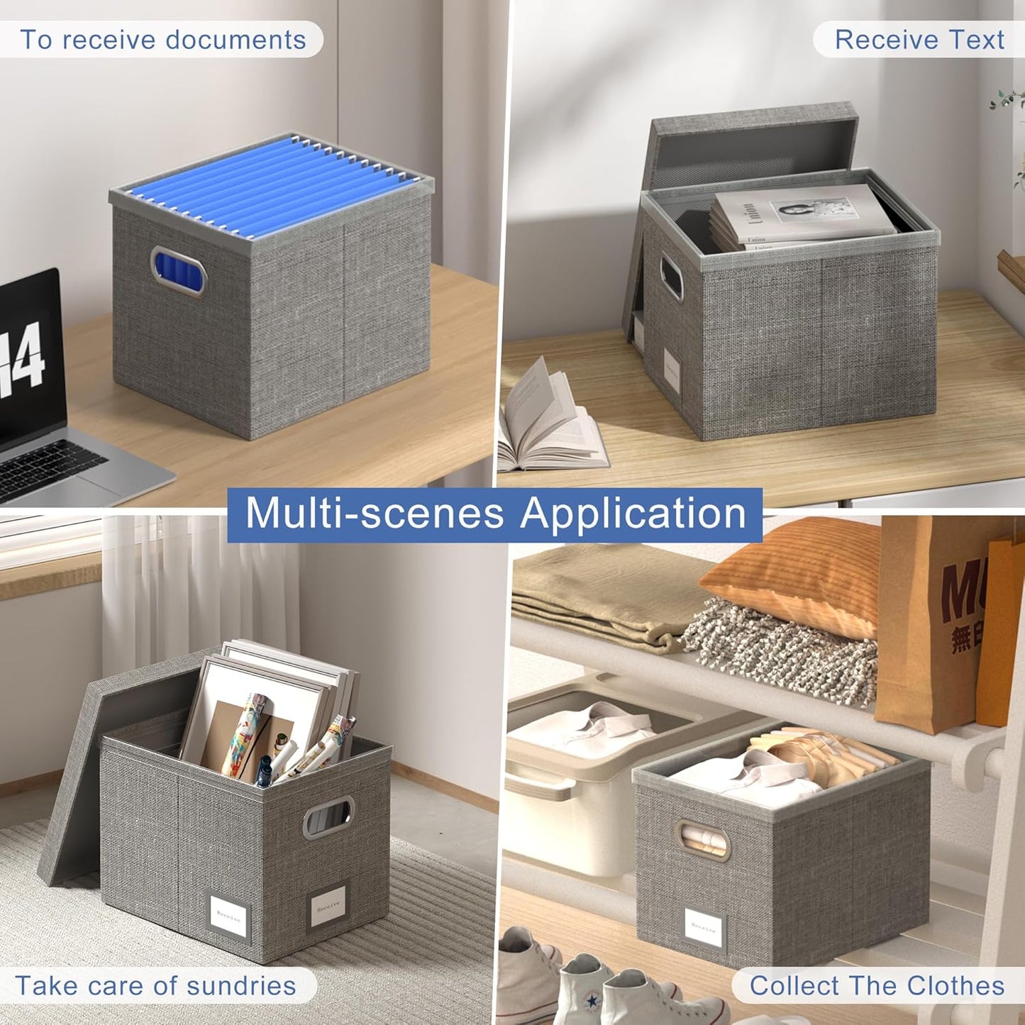 File Organizer Box - File Boxes for Hanging Files with Lid Set of 2 Decorative Hanging Folders Letter Size Organizer with One-Piece Plastic Frame Slides (Grey, 13.2 * 10.1 * 10.1in(2Pack))