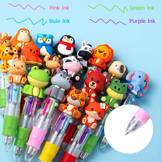 DMIGHT Mini Safari Animal Multicolor Pens in One 4-in-1 Cute Pens Bulk for Kids, Ballpoint Pen for Birthdays and Children's Parties, Fun Gifts Assorted Ink Kawaii Pen (24, Multicolor, 24)