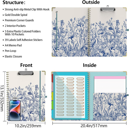 Clipboard Folder with Notepad Refillable Lined for Letter Size (11" x 8.5"), 5 Dividers with Storage 10 Pockets, Cute Spiral Foldable Clipboard with Metal Clip School Office Supplies (Sunflowers)