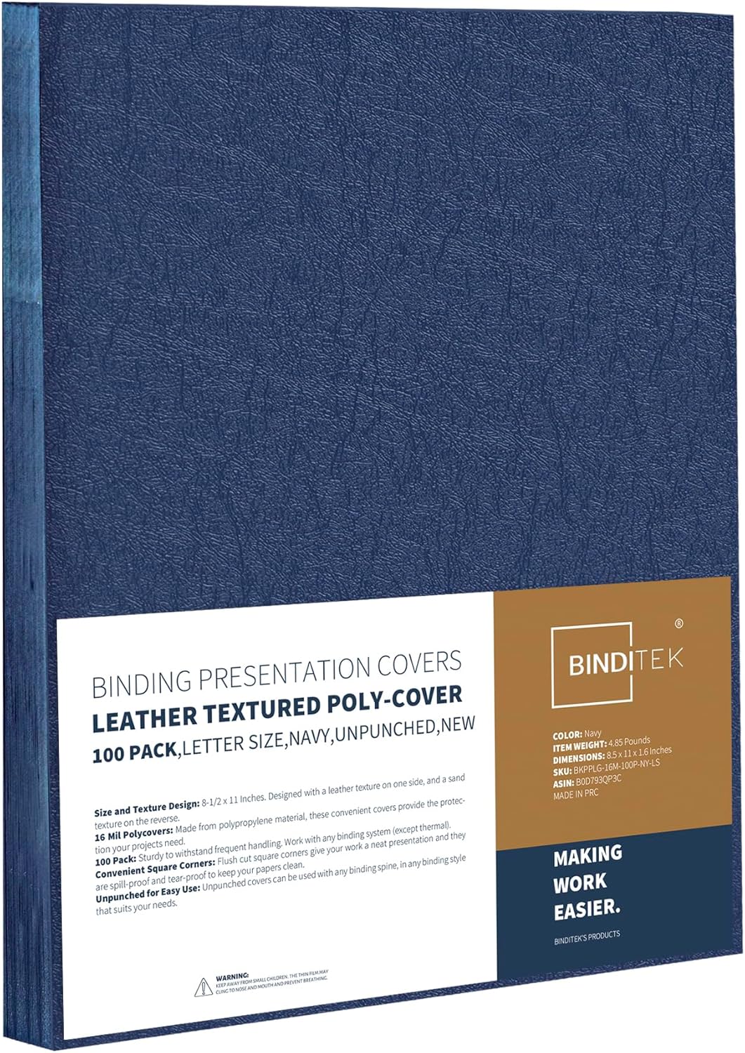 Binditek 100 Pack 16 Mil Leather-Textured Heavyduty Polycovers, Plastic Binding Presentation Covers, Letter Size, 8-1/2 x 11", Square Corners, Un-Punched, Black