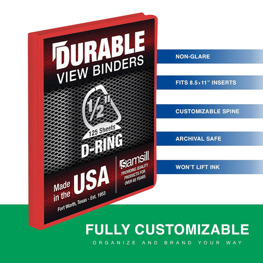Samsill Durable 0.5 Inch Binder, D Ring Binder, Customizable Clear View Cover, Ruby Red, Holds 125 Pages