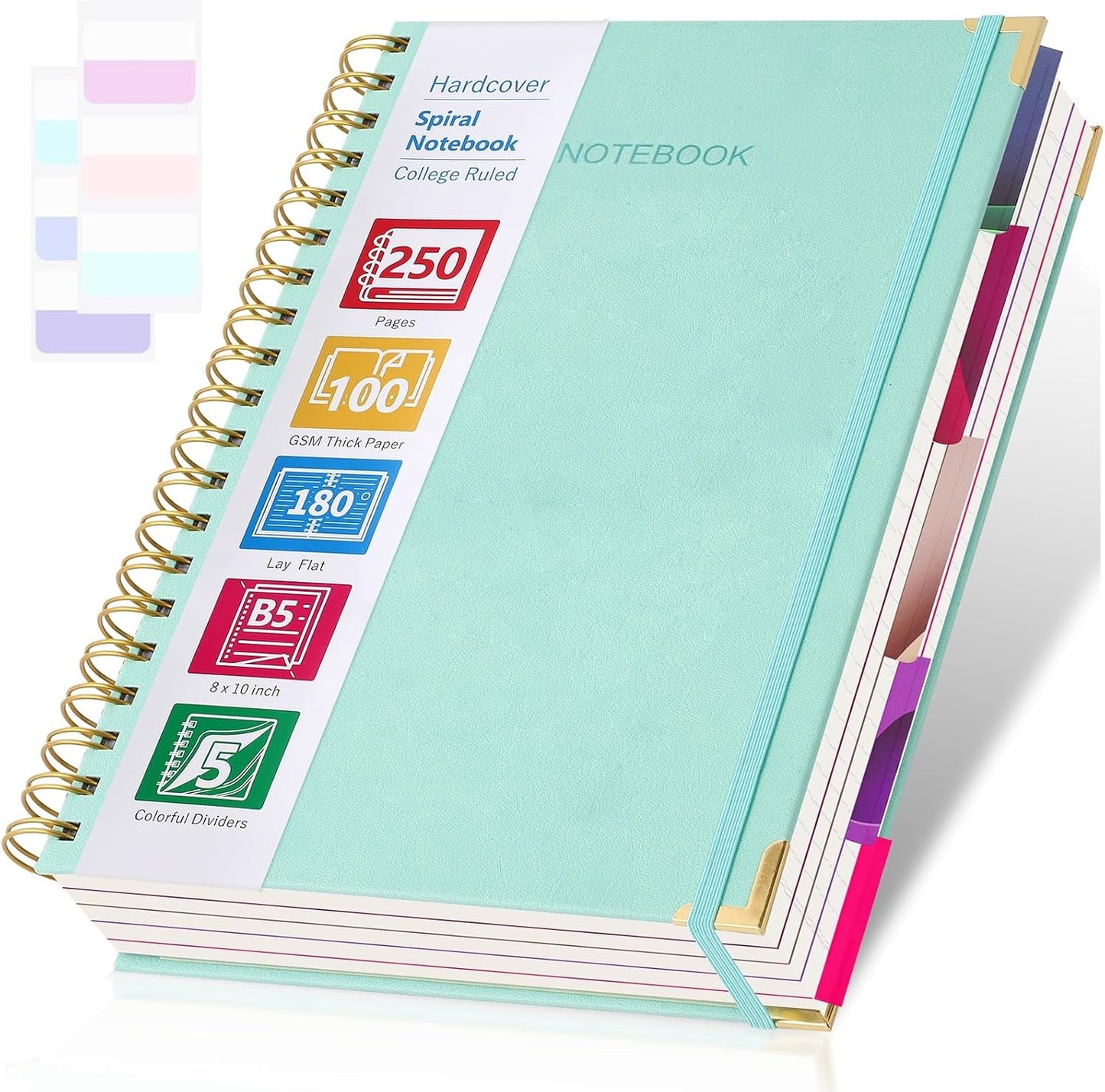 College Ruled Notebook, Spiral Notebook, Leather Hardcover Notebook Journal for Women Men, 5 Subject Notebook with Dividers, Journaling Notebooks for Work School, B5 Lined Notebook, 8" x 10", Teal