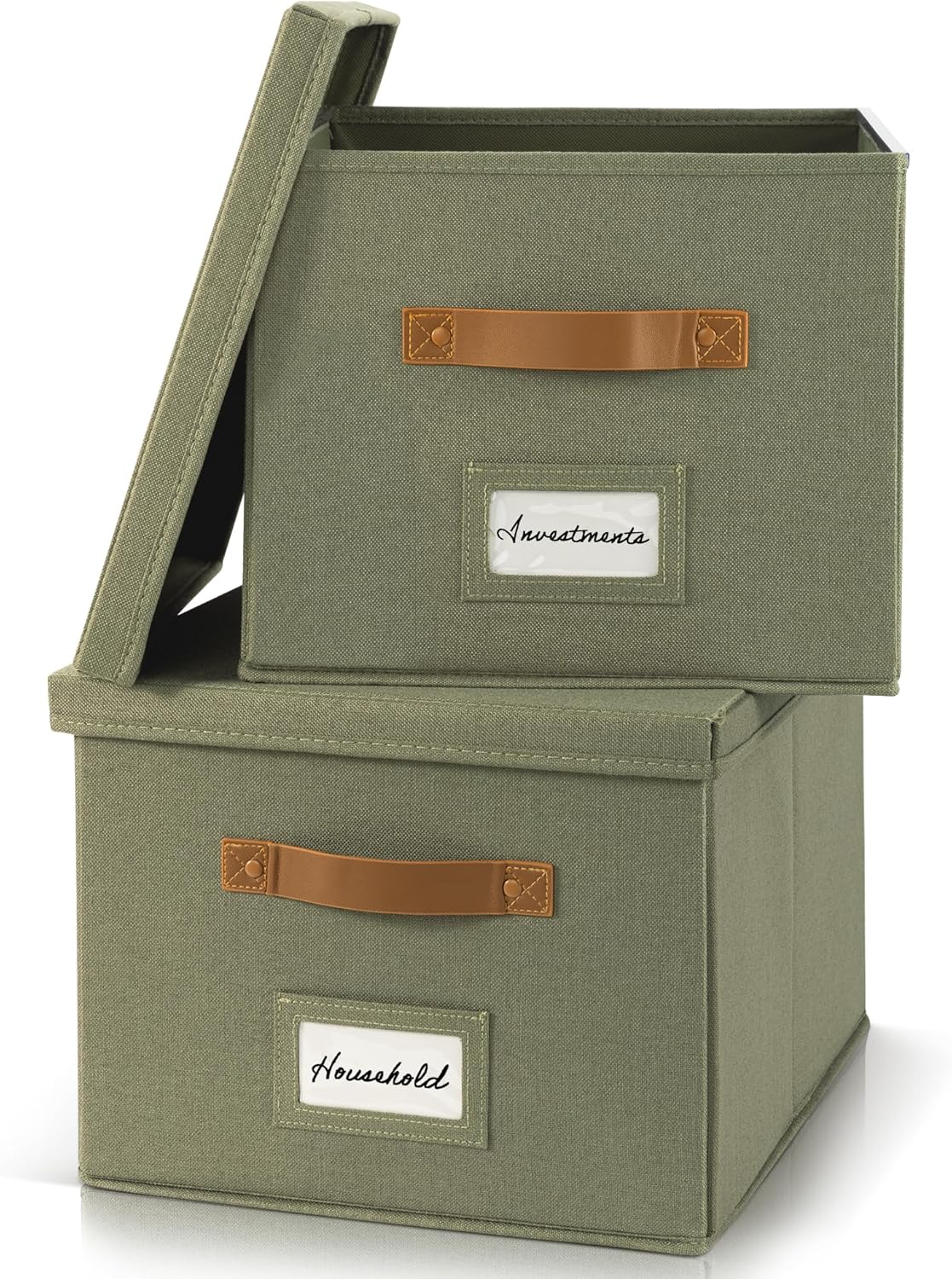 ZICOTO Decorative File Organizer Box Set of 2 - Collapsible Linen Filing Cabinets with Handles Are Perfect to Store All Your Documents & Hanging File Folders - Portable Easy Slide Crates with Lid