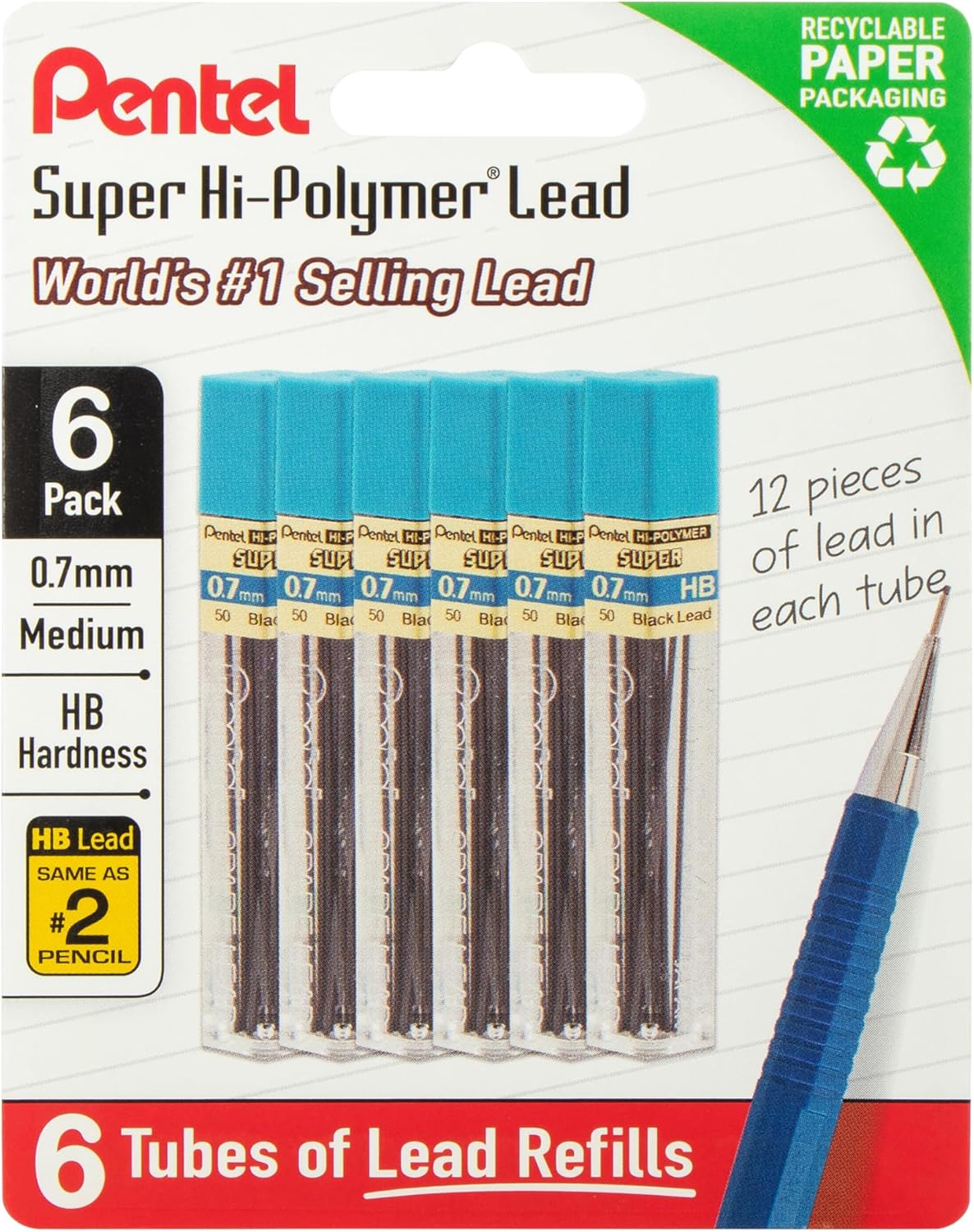 Pentel Super Hi-Polymer Lead Refills, 0.7 mm, 2B, 72 Pieces (12 pcs per tube, 6 tubes)