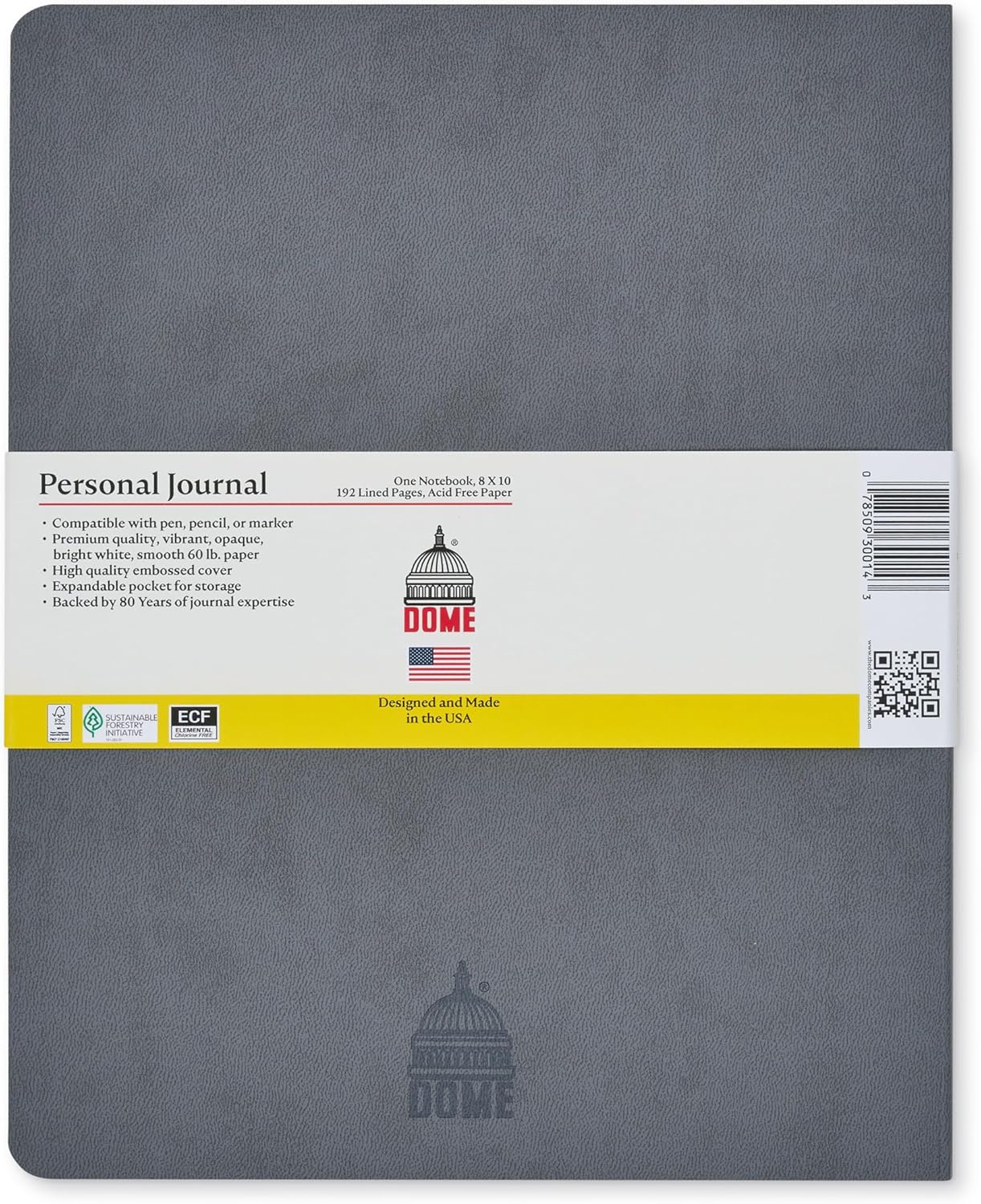 DOME Personal Journal – 8 x 10 Inch Softcover Lined Journal Notebook, 192 Pages, Grey Premium Acid-Free 60-lb Thick Paper, Inner Pocket, Made in USA