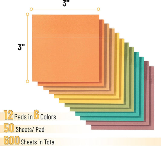 Mr. Pen- Sticky Notes, 3"x3", 12 Pads, 600 Sheets, New Earthy Colors, Sticky Notes Bulk, Self-Stick Note Pads, Perfect for Office, School, Home, Study & Organization
