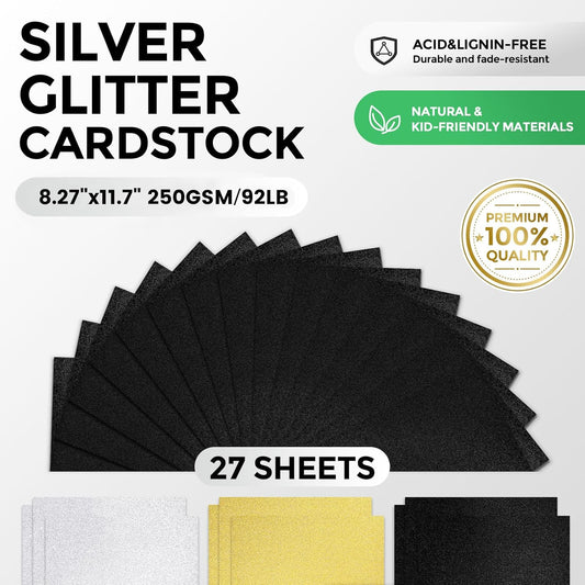 BOOKNOW 27 Sheets Silver Glitter Cardstock, 8.27" x 11.7" (A4 Size) Heavyweight Sparkle Paper, 250GSM/92LB Glitter Paper for Wedding Invitations, Scrapbooking, Card Making, DIY Cake Toppers