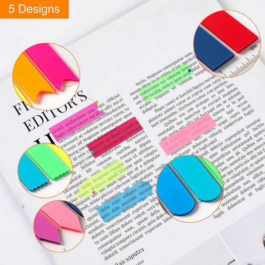 2000pcs Neon Page Markers Sticky Tabs, 10 Bright Colors & 5 Shapes Translucent Writable Flags, Index Tabs for Books/Notebooks/Office, with 5.5" Ruler (Arrow/Wave/Semicircle)
