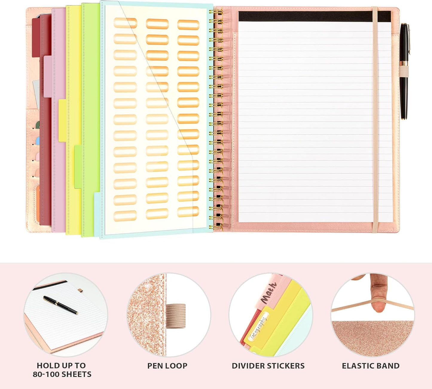 Ospelelf Clipboard with Storage for Women, Leather Padfolio Portfolio Organizer 5 Folders with 10 Pockets, Spiral Clipboard Folio with Notepad for Letter Size, Elastic Closure and Pen Loop Floral