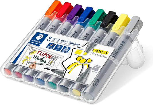 STAEDTLER Lumocolor Flipchart Marker: Set of 8, Assorted Colors, Bullet Tip 2.0mm & Chisel Tip 5.0mm - Ideal for Paper, Non-Bleed, Quick Dry & Low-Odor - For Home, School & Office