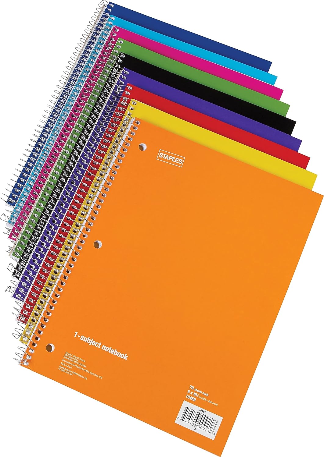 STAPLES 1‑Subject Spiral Notebook, 8” x 10.5”, College Ruled, 70 Sheets, Assorted Colors, 6‑Pack