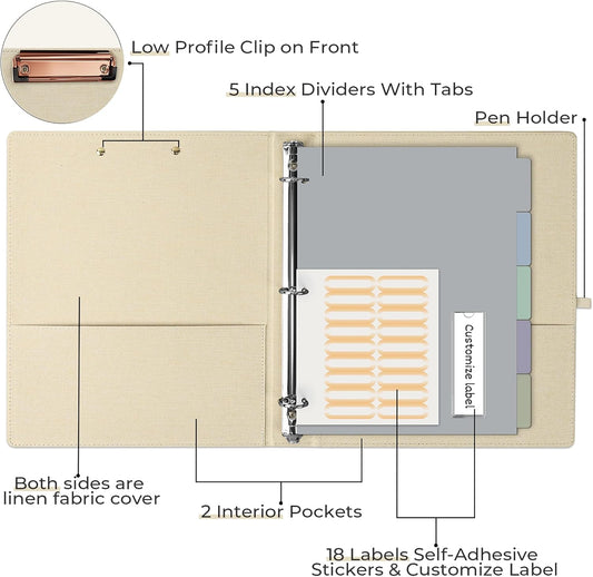 EYROZILL 3 Ring Binder 2 Inch, Binder for Letter Size (11" x 8.5") with 5 Tab Dividers, File Folder Labels and Low Profile Clipboards, Tulip White