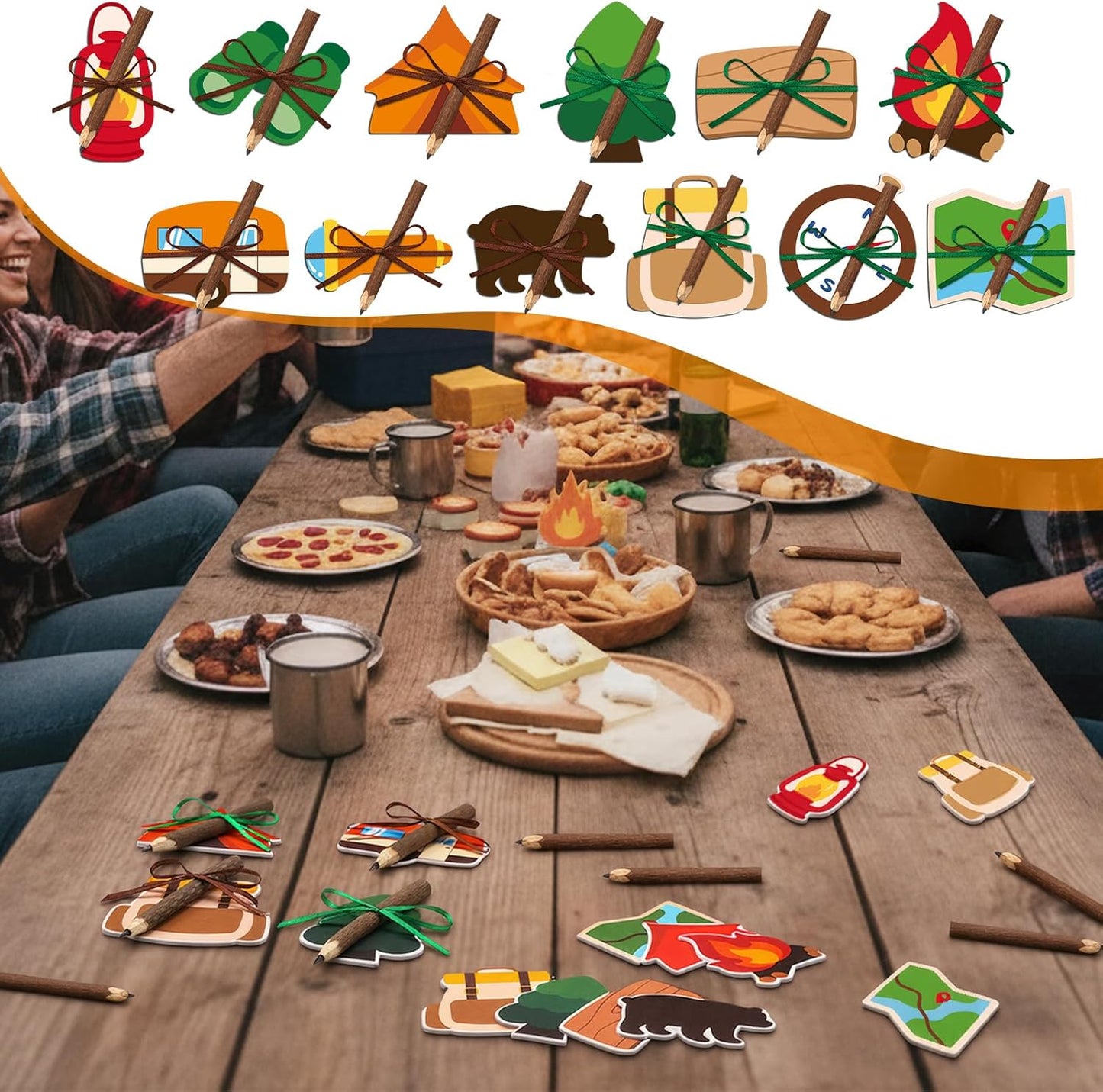 Eaasty 24 Set Camping Sticky Note and Twig Pencils with Ribbon Adventure Travel Gift for Party Favors Self Stick Adhesive Notepads Natural Wood Pencils for Exchange Gifts Office Home Classroom