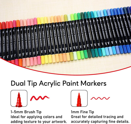 Recheel 30 Colors Acrylic Paint Markers, Dual Tip Fine and Brush Tips for Detailed Art, Crafting, Rock Painting, Wood, Glass, Ceramic, and More
