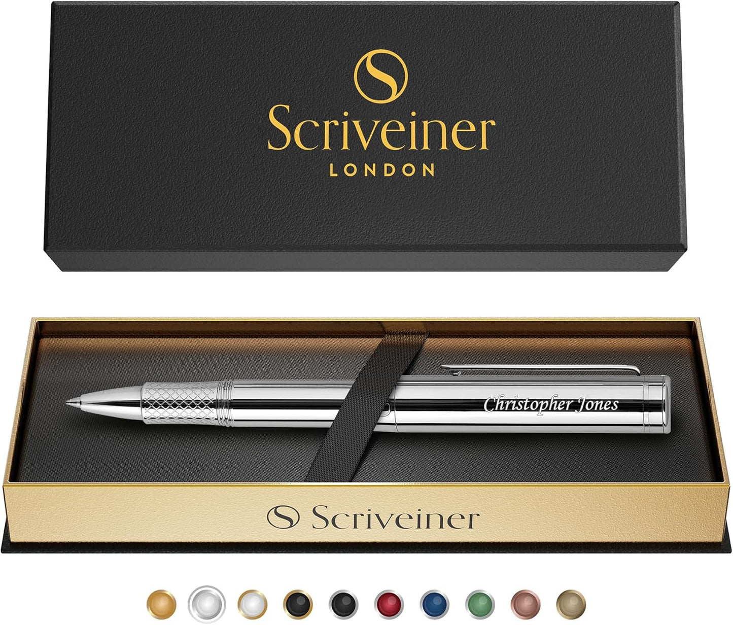 Scriveiner Black Rollerball EDC Luxury Pen, Stunning Pocket Pen with Chrome Finish, Cool Writing, Best Gift for Men & Women, German Schmidt Refill, Nice Present, Fancy Office Designer Set