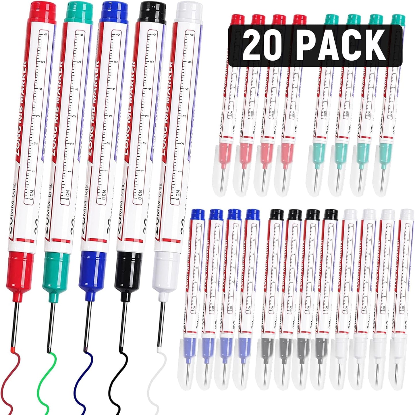 10 PCS Long Head Deep Hole Marker Pens, 20 MM Long Nib Marker for Metal, Multi-purpose Deep Reach Markers Quick Dry Waterproof Marking Pens Construction Markers with Long Nose