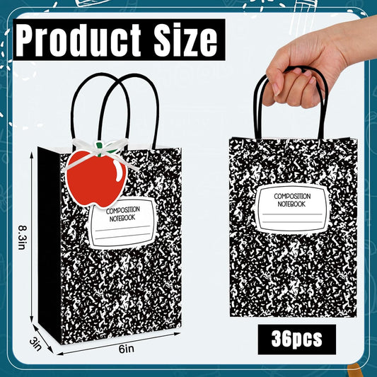 Whaline 36Pcs Composition Notebook Paper Bags with Apple Tags Treat Bags with Handles Black Candy Goodie Bag for Teacher Appreciation Back to School Classroom Party Favors Supplies