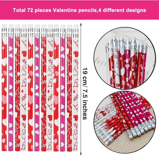 72PCS Valentine's Day Pencils,Wooden Heart Pencil with Eraser,Red Heart Pencil,Bullk Pencils for Exchange Gifts,Kids School Rewards Giveways Party Favors