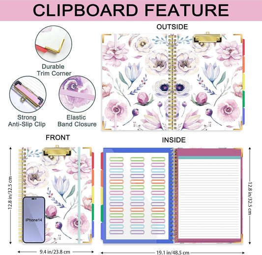 Kisdo Cute Spiral Clipboard Folio with 2 Refillable Lined Notepad for Letter Size(11.5”x8.5”), 5-Tab Colorful Dividers with 10 Pockets, 42 File Folder Labels for Work, Office, School (White Flower)