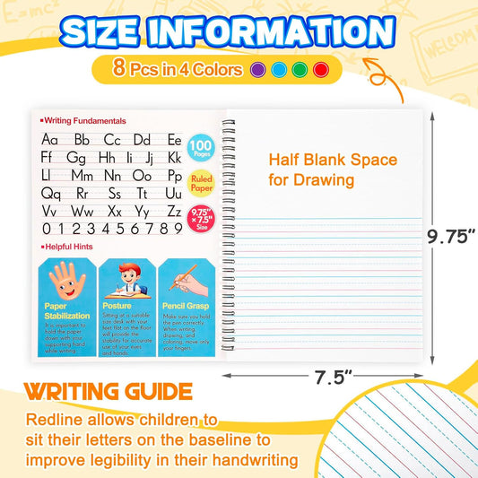 Henoyso 8 Pcs 100 Pages Spiral Primary Composition Notebook K-2 Bulk Primary Journal Drawing Handwriting Practice for Kids 4-6 Kindergarten Preschool Home School 1st 2nd Grade Student (Fresh Color)