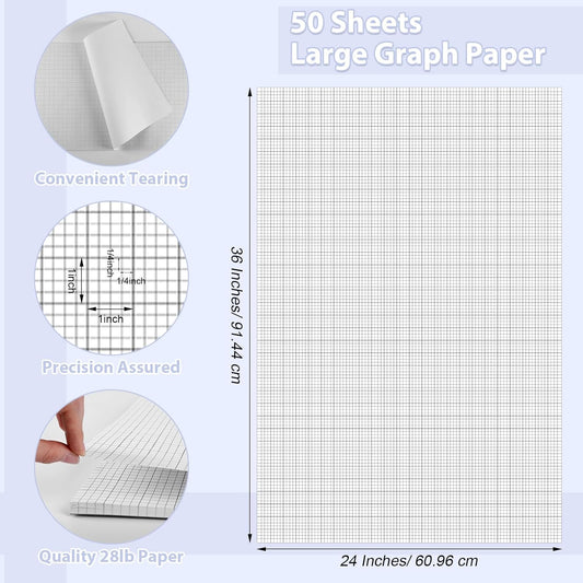 gisgfim 50 Sheets Large Graph Paper 24 x 36 In Graph Paper Pad 1/4 In Ruled Large Grid Paper Sheet Blueprint Paper Engineering Paper Poster for Architect Designer Mathematician Draftsman(White)