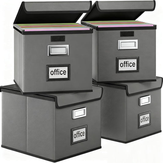 Huolewa Upgraded Portable File Organizer Box with Lid, Collapsible Linen Hanging Filing Storage Boxes with Plastic Slides, Decorative Home/Office Filing System Box for File and Folders Storage (Gray)