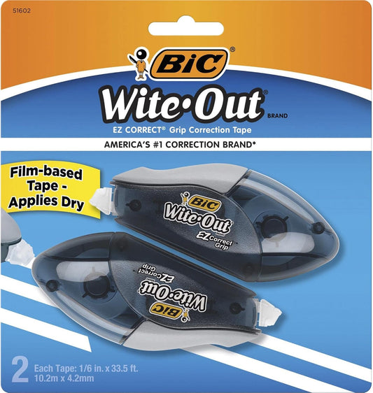 BIC Wite-Out EZ Correct Grip Correction Tape - 33.50 ft Length - 1 Line(s) - White Tape - Rubber Grip - 2 / Pack - White