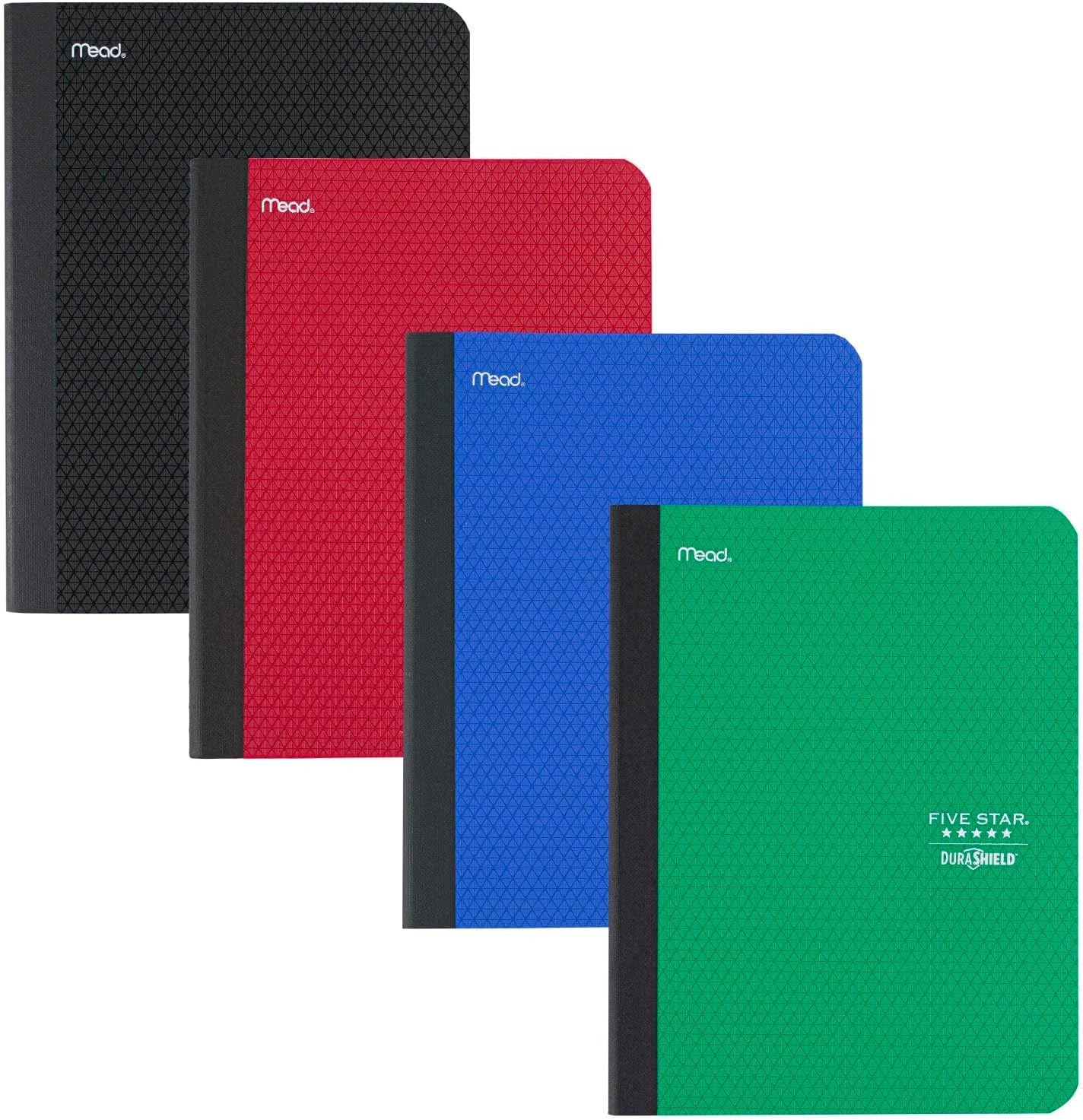 Five Star Composition Books + Study App, 4 Pack, College Ruled Paper, 9-3/4" x 7-1/2", 80 Sheets, Anti-Microbial, Black, Red, Green and Blue (850070A-ECM)