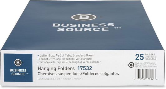 Business Source, BSN17532, 1/3 Cut Standard Hanging File Folders, 25 / Box, Standard Green