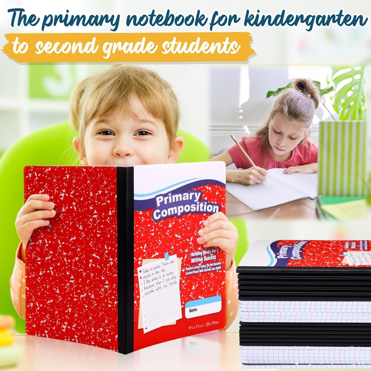 Watersay 30 Pack Primary Ruled Composition Notebook, Grade K-2 Journal 50 Sheets, 7-1/2" x 9-3/4" Primary Composition Book Writing Notebook for Kids Kindergarten Preschool 1st 2nd Grad (Multicolor)