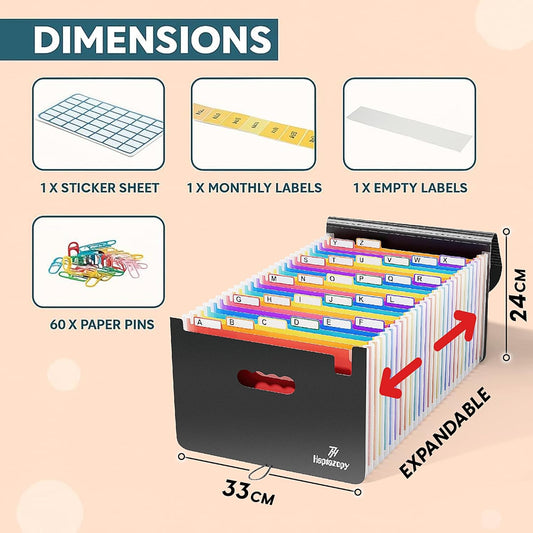 26 Pockets Plastic Accordion File Organizer, Expanding File Folder Organizer, A4 Letter Size Filing Organizer with Colorful Tabs, Elastic Cord, 60 Paper Clip, Label & Stickers for Office School Home