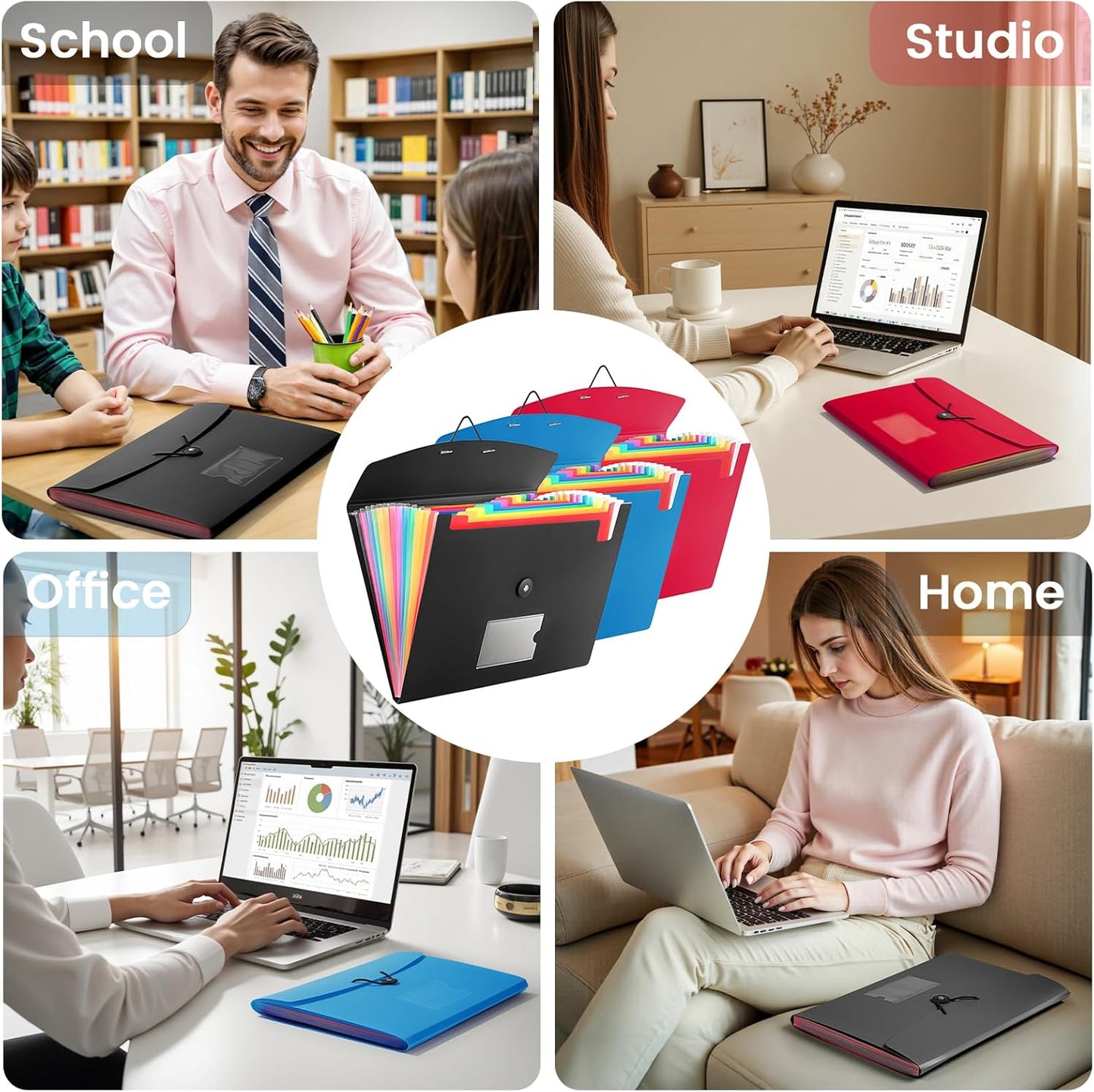 3 Pack 7 Pocket Accordian File Organizer, Expanding File Folder with Labels, Plastic Expandable File Folder for Documents Letter Size A4 Papers