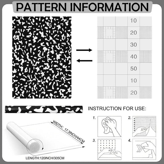 Drydiet Composition Notebook Bulletin Board Roll 1. 4 x 10 Ft/ 17 x 120 Inches, Peel and Stick Composition Classroom Decor, Back to School Black and White Bulletin Board Paper Background Waterproof