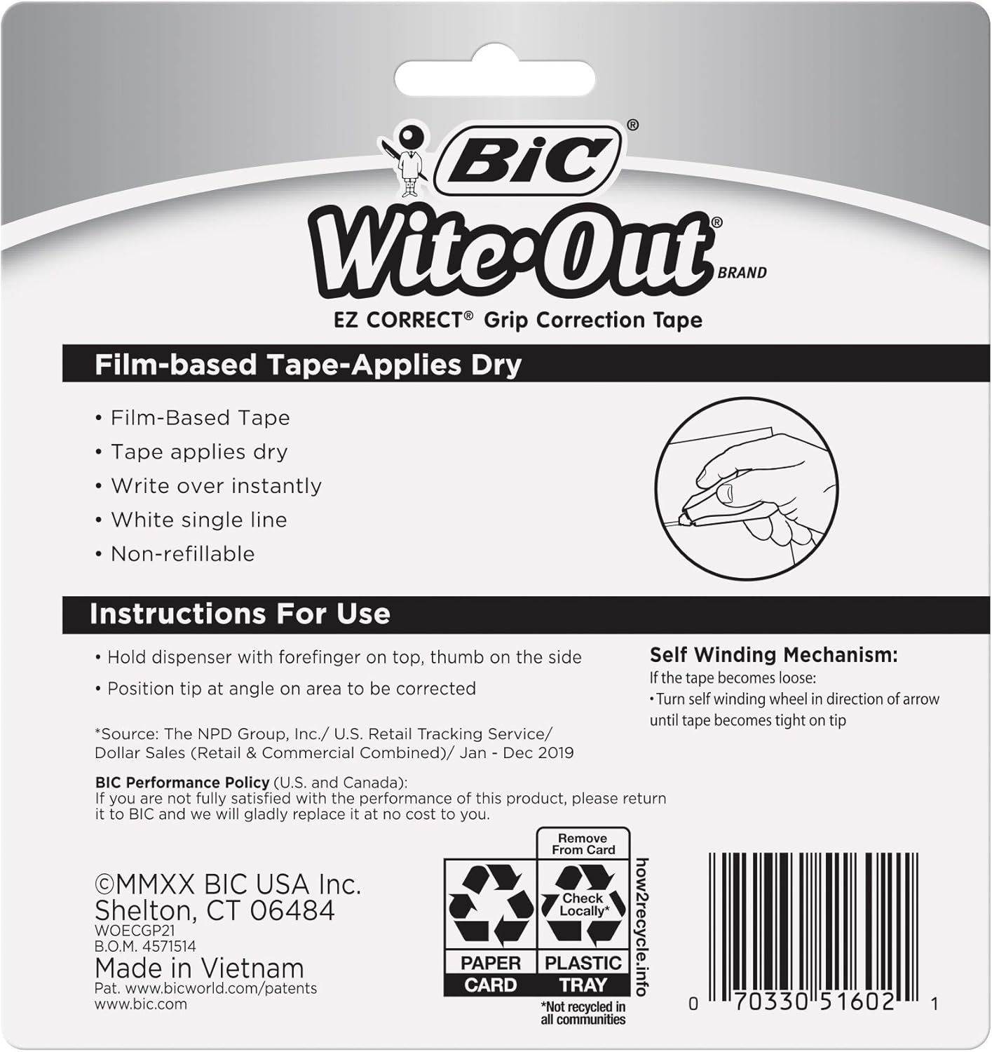 BIC Wite-Out Brand EZ Correct Grip Correction Tape, 33.5 Feet, Fast, Clean and Easy to Use Tear-Resistant Tape, 2-Count