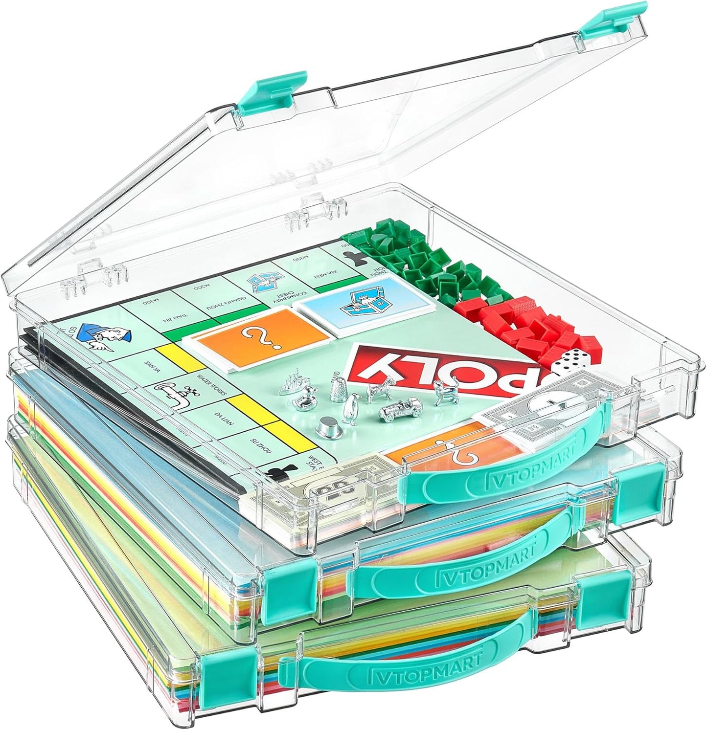 Vtopmart 3 Pack Board Game Storage with Handle and Snap-Tight Latch Lid, Craft Organizer Box Fit 12" x 12" Papers, Stackable Clear Storage Box for Art Supply Storage, Paper Storage, Puzzle Storage